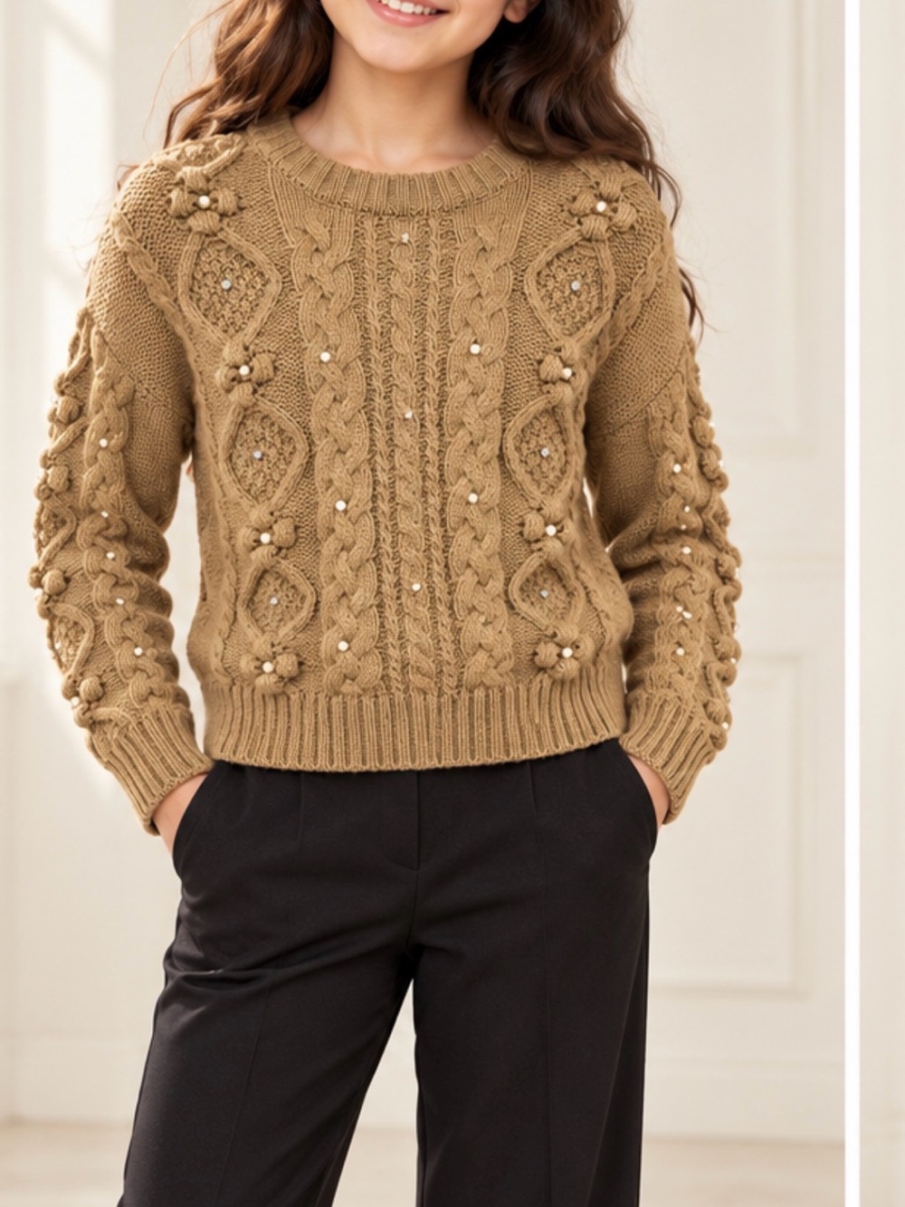 Zara Girls Camel Cable-Knit Floral Pearl Rhinestone Sweater 11–12 / 152 cm